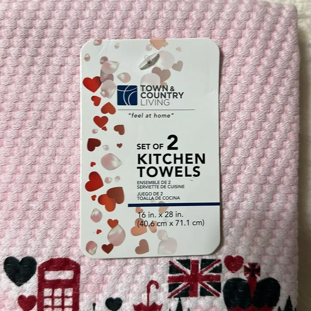 T & C Love in London White Red Pink Black Cotton Kitchen Towels set of 2